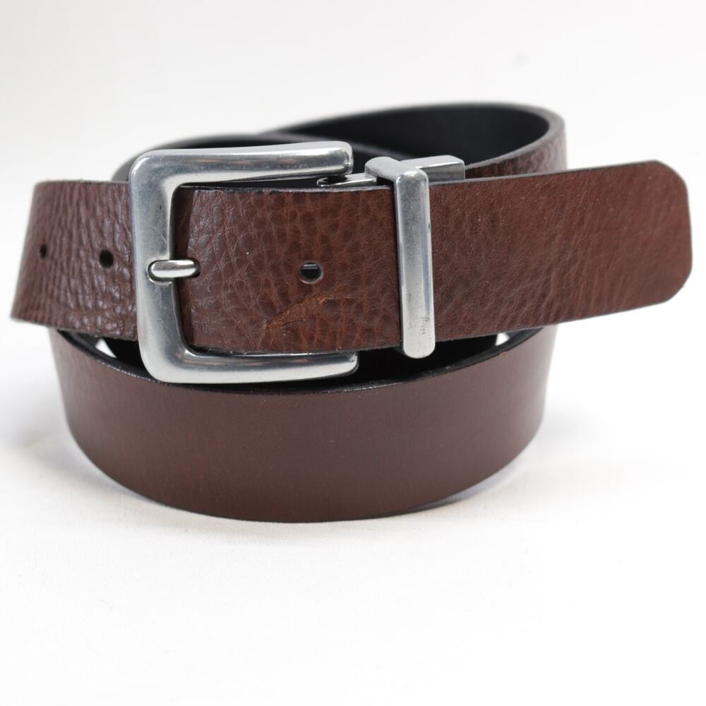 Fossil Reversible Belt Men 40 Black Brown Leather Silver Tone Buckle